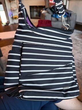Travelon Anti-theft Black and White Striped Classic Messenger Crossbody Bag